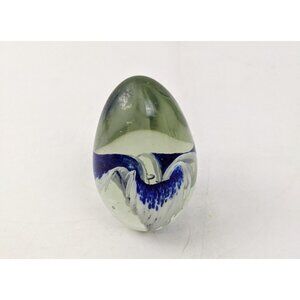 Glass Eye Studio GES 1992 Egg Shaped Paperweight Floral 2.5" Blue Clear Signed